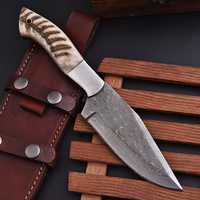 Couteau de chasse à pointe tombante en acier Damas forgé à la main, manche en bois, étui en cuir, qualité industrielle, OEM, pour survie en extérieur