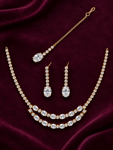 Premium Quality Double Layer <b>Necklace</b> Set With Matching Earrings And Maang Tikka Faceted Stone Fashion Jewelry For Bridal Wear - Product Image 6