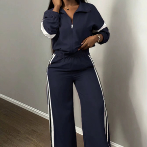 Conjunto deportivo para mujer, chándal ajustado de algodón y poliéster con chaqueta con cremallera, pantalones deportivos transpirables y elásticos para gimnasio, entrenamiento y deporte. - Product Image 1