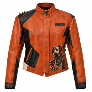 <b>Women</b> Orange Real Cowhide Leather Biker Jacket Printed Cat Black Panel Spiked Shoulder <b>Outerwear</b> Coat OEM ODM Custom Wholesale - Product Image 1
