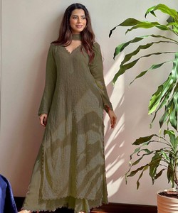 Olive Green Rayon Kurta For Women <b>Floor</b>-Length Loose Fit Ethnic Wear India Pakistan Casual All Seasons Style 62914 BE-170 - Product Image 1
