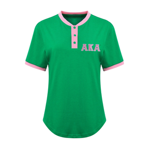 Camiseta Henley Premium AKA Verde Rosa para Mujer, Cuello con Botones, Manga Corta, Estilo Casual Griego - Product Image 1