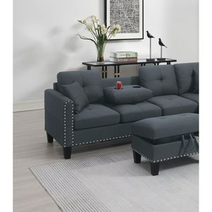 Juego de Sofás Seccionales de 3 Piezas en Color Carbón, Tapizado en Lino, para Sala de Estar, Incluye Sofá LAF, Sofá RAF, Chaise Longue, Otomana con Almacenamiento y Portavasos - Product Image 2