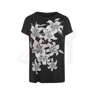 Camiseta de Manga Corta con Cuello Redondo y Estampado Floral Negro para Mujer, Corte Holgado, Informal, Tejida, 100% Algodón, Transpirable, Primavera Verano - Product Image 5