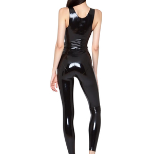 Combinaison moulante noire en PU pour femme, col en V, sans manches, taille haute, longueur intégrale, sexy, style clubwear, coupe ajustée - Product Image 2