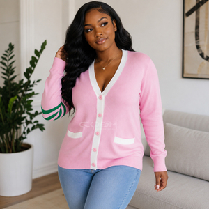 Cardigan Cosh International Sisterhood Sorority avec rayures vertes sur les manches, pull décontracté à manches longues pour femme avec poches - Product Image 4