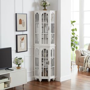Solid Wood Corner Curio Cabinet 4 Adjustable Tempered Glass Shelves Lighting System <b>Acrylic</b> <b>Mirrored</b> Back Display China Cabinets - Product Image 6