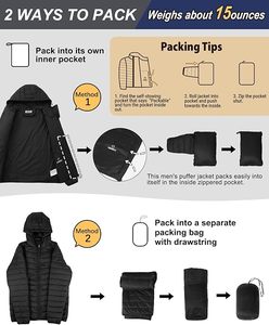 Veste matelassée à capuche noire pour homme, fermeture éclair, coupe-vent, hiver, décontractée, rembourrage en polyester, coupe régulière - Product Image 6