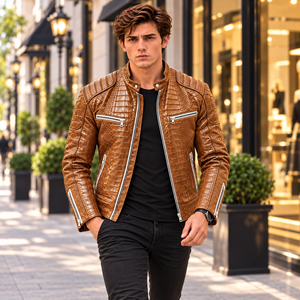 Men's <b>Brown</b> for Embossed <b>Leather</b> Breathable Vintage Streetwear Biker <b>Jacket</b> Custom OEM Luxury Genuine <b>Leather</b> - Product Image 5