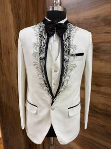 Luxury Men's White Embroidered Wedding Tuxedo Blazer – Custom Slim Fit Groom Suit <b>Jacket</b> with Black Lapel & Bow Tie - Product Image 2