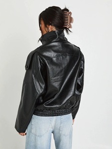 Blouson court en cuir PU pour femme, style européen et américain, col montant, coupe ample, décontracté, style urbain, texturé, polyvalent, style motard - Product Image 2
