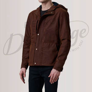 Veste en toile cirée marron pour homme, résistante à l'eau, à capuche, veste de plein air décontractée, coupe ajustée, veste de campagne en coton avec poches - Product Image 4