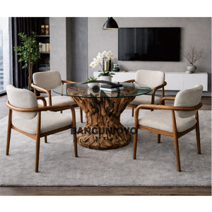 Modern Minimalist Teak Root Wood <b>Dining</b> <b>Table</b> with Glass <b>Top</b> & Comfortable Chairs-Durable Eco-Friendly <b>Dining</b> Set for Villa - Product Image 4