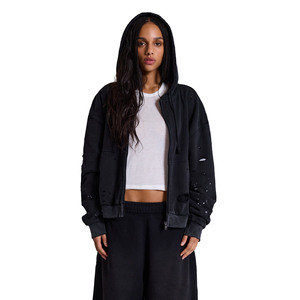 Sudadera con capucha corta para mujer, con cremallera frontal, forro polar transpirable, poliéster/algodón, cremallera negra, para invierno, venta al por mayor, OEM, logotipo personalizado - Product Image 2