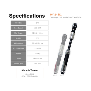 Llave de Impacto Neumática Telescópica BOA de 3/8 Pulgadas, 40 Ft-Lb de Torque, 445 mm de Longitud Máxima - Product Image 5