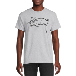 เสื้อยืดแขนสั้นสีเทาสำหรับผู้ชาย พิมพ์ลายการ์ตูนแมว ทรงปกติ คอกลม สไตล์ลำลอง ผ้าเจอร์ซีย์ - Product Image 2
