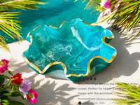 Bol décoratif en résine époxy écologique aux couleurs océaniques moyennes, design géode, forme de fleur, peint à la main, BINSADIQ CRAFTS Inde