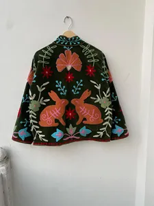 Bohemian Luxury Handmade Woodland Inspired <b>Velvet</b> <b>Jacket</b> with Floral Embroidery and Rabbit Artwork Full Sleeve Women's <b>Jacket</b> - Product Image 2