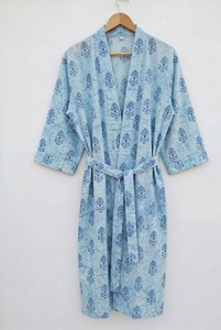 Robe de nuit kimono en coton tissé à motifs floraux imprimés à la main, luxueuse et lisse, légère, pour l'été, vêtement de plage pour femmes, peignoir - Product Image 4
