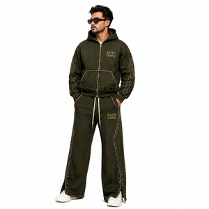 Conjunto de Sudadera con Capucha y Cremallera con Logotipo Personalizado, Lavado Vintage, Pedrería y Tachuelas, y Pantalones de Pierna Ancha, Lavado Ácido, 2 Piezas, Fabricante OEM 100% - Product Image 3