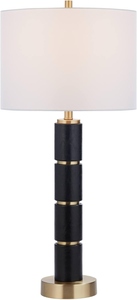 Modern Luxury <b>Black</b> Faux Leather Column <b>Table</b> Lamp Gold Metal Accents White Fabric Shade <b>Bedside</b> Living Room Home Decor Light - Product Image 3