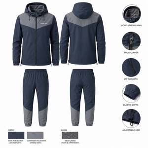 Color Block Hooded Waterproof Track Suit Men Custom Printed Logo <b>Zip</b> Pocket Chest Design Windproof Polyester Fabric Wholesale - Product Image 3