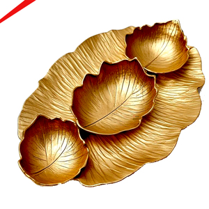 Bol décoratif en aluminium pour servir des fruits secs avec un design à trois feuilles et plateau finition or, fait main - Product Image 1