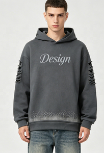 Sudadera Extra Grande Personalizada con Cuello Redondo, Diseño de Pedrería y Mangas Desgarradas, Estilo Casual Unisex, 100% Algodón Tejido - Product Image 3