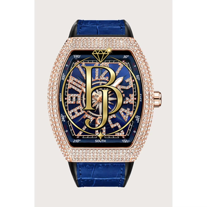 Montre analogique de luxe pour homme, mouvement à quartz Shanghai, boîtier rectangulaire, incrusté de diamants, bracelet en cuir bleu or rose, boîtier en métal - Product Image 1