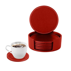 Red Leather <b>Coasters</b> <b>Set</b> of 6 – Premium PU Leather Drink Holders, Round Cup Mats with Holder - Product Image 3