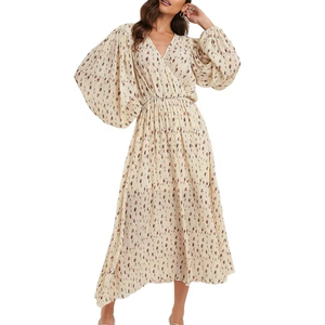 เดรสยาวลำลองสำหรับผู้หญิง ลายดอกไม้ แขนยาวทรงบอลลูน เอวธรรมชาติ ซักได้ ดีไซน์ทับด้านหน้า - Product Image 1