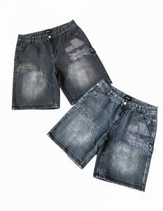 Shorts en jean streetwear personnalisés pour hommes, coupe ample, en denim épais, avec lavage vintage et design multi-graphe - Product Image 4