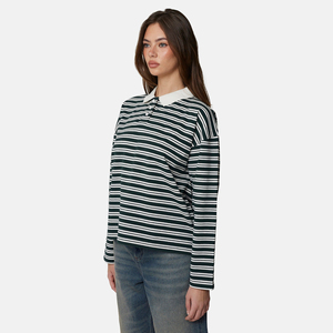 Polo à manches longues rayé pour femme, tricoté, décontracté, motif vert et blanc, longueur normale, manches complètes - Product Image 1