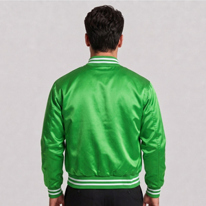 Veste de sport en satin vert pour homme avec bordure à rayures blanches Coupe classique Col rabattu Fermeture à boutons Vêtement décontracté pour l'automne - Product Image 2