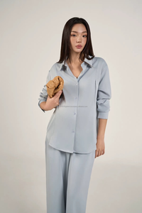 Luxury Silk Blend Woven 2-Piece Long Set Shirt Neck Full Sleeve Casual Solid Dressy Maternity Breathable Women's Nursing - Product Image 2