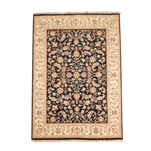 Tapis d'intérieur bleu marine à motifs floraux noué à la main, à poils ras, résistant aux taches, en laine de Nouvelle-Zélande - Product Image 6