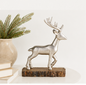 Wholesale Metallic Silver Deer Statue With Solid Wood Stand Contemporary Holiday Reindeer Ornament For Mantel Office Living Room - Product Image 2