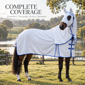 Couverture de cheval à capuche intégrale carrée en Ripstop avec ouvertures pour les yeux |   Couverture pour cheval blanche avec bordure bleue et sangles de poitrail réglables - Product Image 4
