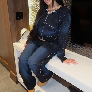 Women Cotton Tracksuit Set Skinny Fit Rhinestone Hoodie Set Breathable Streetwear Hip Hop Two Piece Jogging Suit Autumn - Product Image 3
