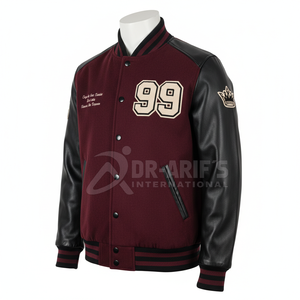 เสื้อแจ็คเก็ตวาร์ซิตี้สีแดงเลือดหมูสำหรับผู้ชาย แขนเสื้อหนัง PU สีดำ ปักลาย 99 และโลโก้รูปมงกุฎ สวมใส่สบายๆ ในฤดูใบไม้ร่วง - Product Image 2