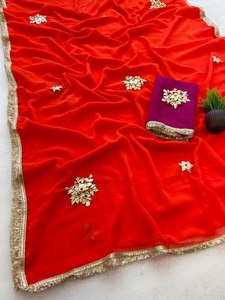 Sari Georgette brodé de fleurs Gota pour femmes, tenue de mariage traditionnelle indienne et pakistanaise, robe longue à séchage rapide - Product Image 4