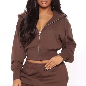 Conjunto de Sudadera Corta con Capucha para Mujer, Color Sólido, Manga Larga, Corte Holgado, con Bolsillos Laterales, Ropa Casual de Otoño, 100% Algodón - Product Image 2