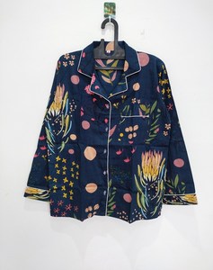 Pijamas de algodón de 2 piezas para mujer, con estampado floral azul marino, manga larga, cuello vuelto, ropa de dormir informal - Product Image 2