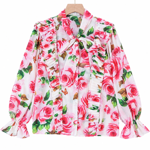 เสื้อเชิ้ตผู้หญิงลายจุด คอผูกโบว์ใหญ่ จับจีบระบายด้านหน้า แขนยาว ติดกระดุม ดีไซน์หรูหรา เหมาะสำหรับใส่ทำงานในออฟฟิศ ขายส่งจากผู้ผลิต - Product Image 1