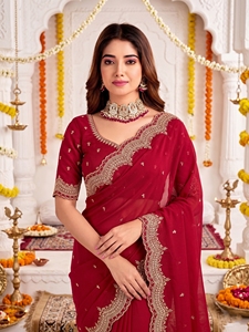AARA Fashion <b>Maroon</b> Embroidered <b>Saree</b> Blouse for Women Wedding Traditional Indian/Pakistani Style Floor-Length Polyester Sun - Product Image 5