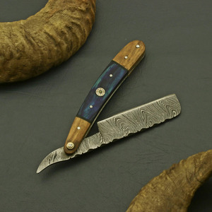 Navaja Plegable Recta de Acero de Damasco para Uso Diario (EDC) con Mango de Madera Azul y Pivote de Latón, para Afeitado de Barbero, Coleccionable, Venta al por Mayor de Fábrica B2B - Product Image 4
