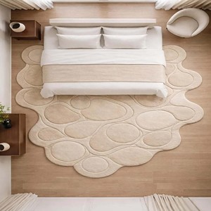 Tapis contemporain tufté à la main à motif galet, beige, forme organique, tapis de designer doux, décoration moderne pour salon et chambre à coucher - Product Image 2