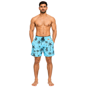 Trajes de Baño para Hombre de Primera Calidad, Color Azul Claro, Estampado de Palmeras, Cintura Media, Cordón Ajustable, Secado Rápido, Shorts de Playa de Poliéster en Venta - Product Image 1