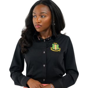 Camisa Oxford de Chenilla Premium para Mujer, Color Negro, Manga Larga, Bordada, con Botones, Estilo Casual y de Negocios - Product Image 4