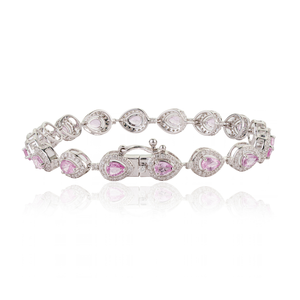 Bracelet tennis empilable en or blanc 14 carats avec saphir rose taille poire 4x3mm et halo de diamants ronds, design exquis, cadeau pour demoiselle d'honneur - Product Image 5